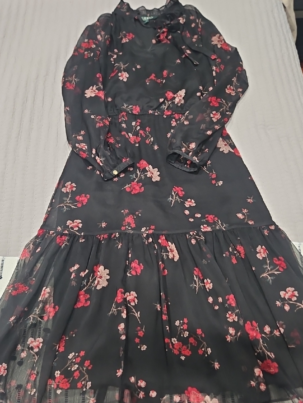 Ralph Lauren Black Floral Long-Sleeve Midi Dress